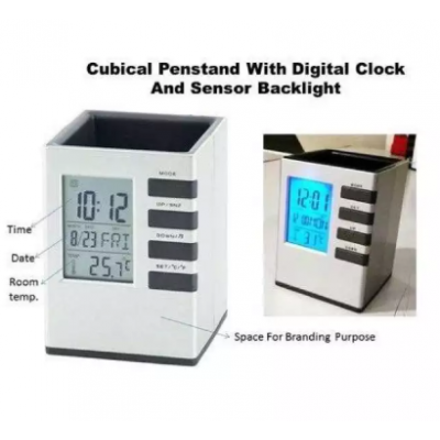 Digital Pen Stand With Clock And Calendar Office Table Organizer With Back Light